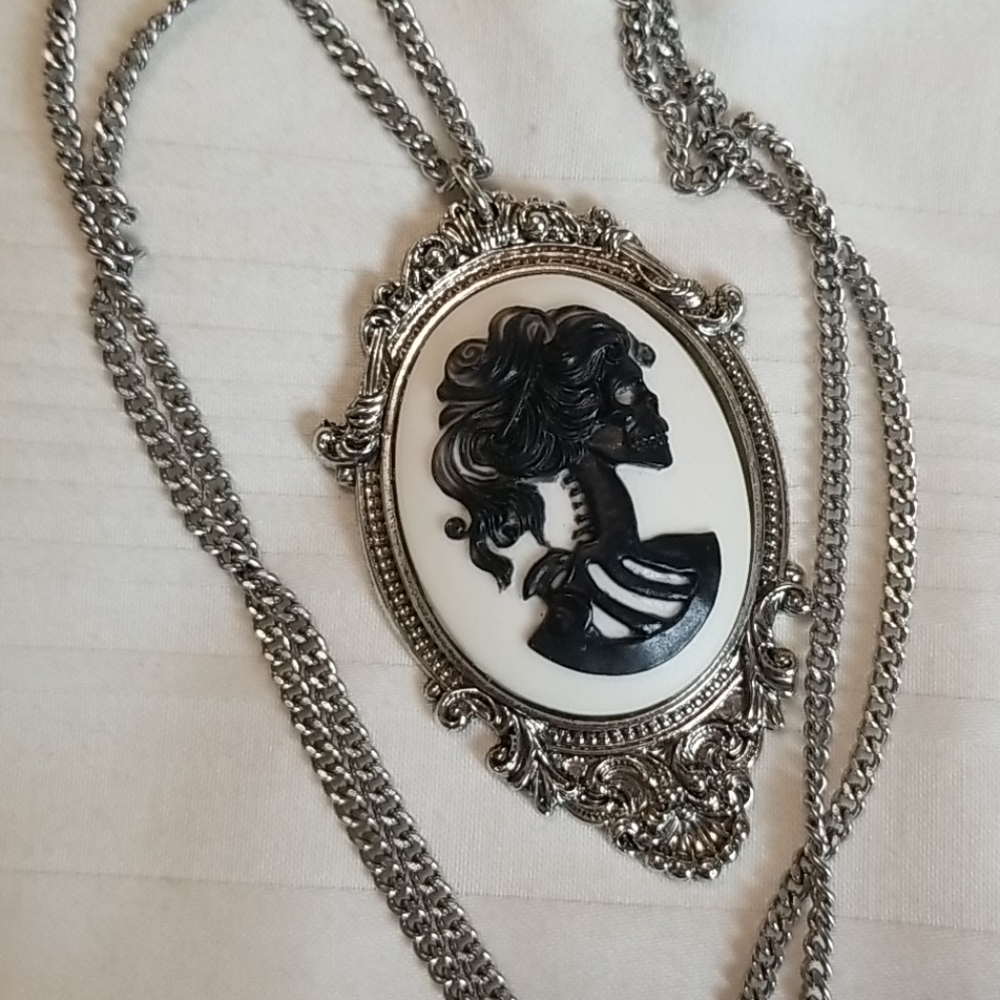 Silver Black Skeleton Woman Cameo Necklace